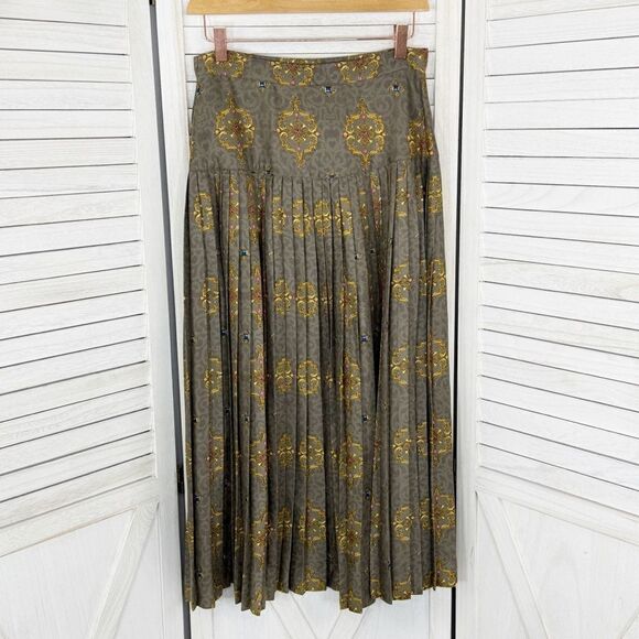 Calliope Vintage Jewel Damask Print Pleated Maxi Skirt Taupe 10 - Picture 9 of 13